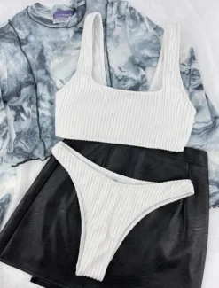 New Women's Swimwear Bikini 2 Piece Thong Swimsuit Backless Slim Vacation Beach Wear Solid Color U Neck Sleeveless Bathing Suits Women Bikinis