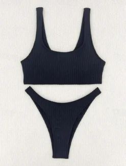 New Women's Swimwear Bikini 2 Piece Thong Swimsuit Backless Slim Vacation Beach Wear Solid Color U Neck Sleeveless Bathing Suits Women Bikinis