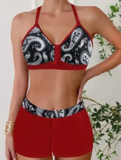 New Women's Swimwear Bikini 2 Piece Monokini Cheeky Swimsuit Knitted Vacation Tropical Color Block Stripe Plunge Sleeveless Bathing Suits Women Bikinis