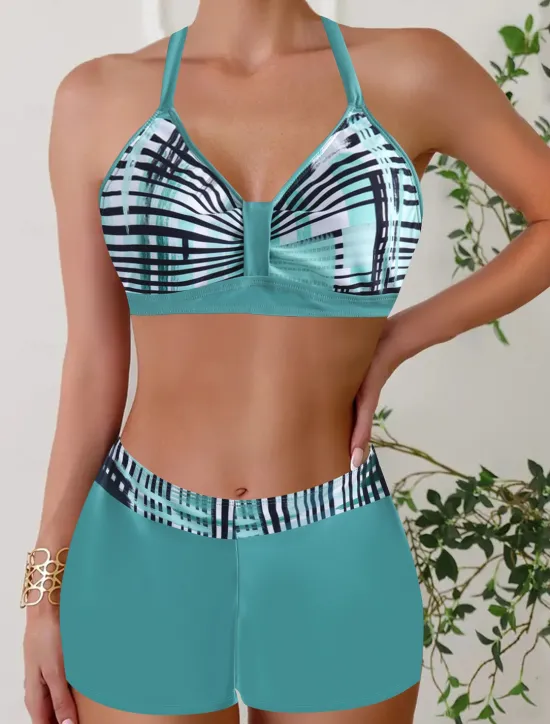 New Women's Swimwear Bikini 2 Piece Monokini Cheeky Swimsuit Knitted Vacation Tropical Color Block Stripe Plunge Sleeveless Bathing Suits Women Bikinis