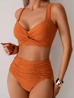 Online Women's Swimwear Bikini 2 Piece Briefs Swimsuit Backless Slim High Waisted Vacation Beach Wear Solid Color V Neck Sleeveless Bathing Suits Women Bikinis