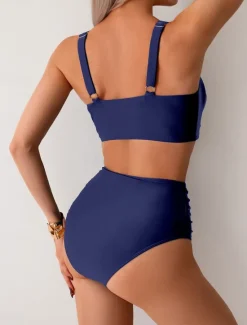 Online Women's Swimwear Bikini 2 Piece Briefs Swimsuit Backless Slim High Waisted Vacation Beach Wear Solid Color V Neck Sleeveless Bathing Suits Women Bikinis