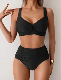 Online Women's Swimwear Bikini 2 Piece Briefs Swimsuit Backless Slim High Waisted Vacation Beach Wear Solid Color V Neck Sleeveless Bathing Suits Women Bikinis