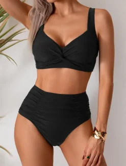 Online Women's Swimwear Bikini 2 Piece Briefs Swimsuit Backless Slim High Waisted Vacation Beach Wear Solid Color V Neck Sleeveless Bathing Suits Women Bikinis