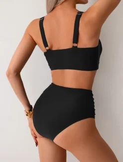 Online Women's Swimwear Bikini 2 Piece Briefs Swimsuit Backless Slim High Waisted Vacation Beach Wear Solid Color V Neck Sleeveless Bathing Suits Women Bikinis