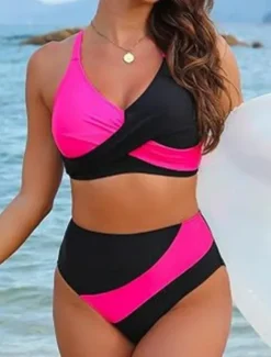 Online Women's Swimwear Bikini 2 Piece Briefs Swimsuit Backless Slim Vacation Beach Wear Stripe V Neck Sleeveless Bathing Suits Women Bikinis