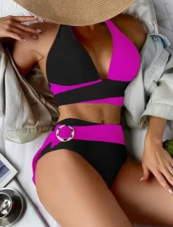 New Women's Swimwear Bikini 2 Piece Briefs Swimsuit Backless Slim Vacation Beach Wear Solid Color V Neck Sleeveless Bathing Suits Women Bikinis
