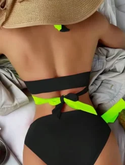 New Women's Swimwear Bikini 2 Piece Briefs Swimsuit Backless Slim Vacation Beach Wear Solid Color V Neck Sleeveless Bathing Suits Women Bikinis