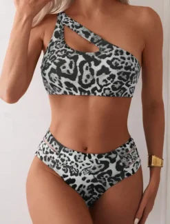 Clearance Women's Swimwear Bikini 2 Piece Cheeky Swimsuit Backless Slim Vacation Beach Wear Leopard Asymmetric Neck Sleeveless Bathing Suits Women Leopard Swimwear|Bikinis