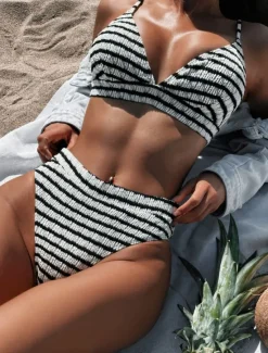 Online Women's Swimwear Bikini 2 Piece Briefs Swimsuit Backless Slim Vacation Beach Wear Stripe V Neck Sleeveless Bathing Suits Women Bikinis