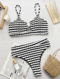 Clearance Women's Swimwear Bikini 2 Piece Briefs Swimsuit Backless Slim High Waisted Vacation Beach Wear Stripe V Neck Sleeveless Bathing Suits Women Bikinis