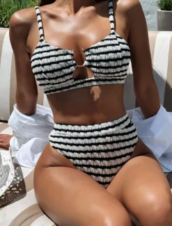 Clearance Women's Swimwear Bikini 2 Piece Briefs Swimsuit Backless Slim High Waisted Vacation Beach Wear Stripe V Neck Sleeveless Bathing Suits Women Bikinis