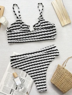 Clearance Women's Swimwear Bikini 2 Piece Briefs Swimsuit Backless Slim High Waisted Vacation Beach Wear Stripe V Neck Sleeveless Bathing Suits Women Bikinis