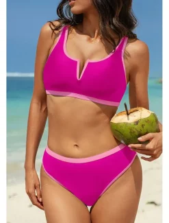 Discount Women's Swimwear Bikini 2 Piece Swimsuit Backless Patchwork Tropical Beach Wear Color Block V Neck Sleeveless Bathing Suits Women Bikinis