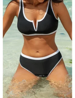 Discount Women's Swimwear Bikini 2 Piece Swimsuit Backless Patchwork Tropical Beach Wear Color Block V Neck Sleeveless Bathing Suits Women Bikinis