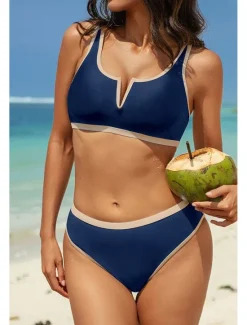 Discount Women's Swimwear Bikini 2 Piece Swimsuit Backless Patchwork Tropical Beach Wear Color Block V Neck Sleeveless Bathing Suits Women Bikinis