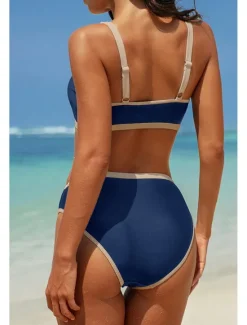Discount Women's Swimwear Bikini 2 Piece Swimsuit Backless Patchwork Tropical Beach Wear Color Block V Neck Sleeveless Bathing Suits Women Bikinis