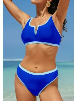 Discount Women's Swimwear Bikini 2 Piece Swimsuit Backless Patchwork Tropical Beach Wear Color Block V Neck Sleeveless Bathing Suits Women Bikinis