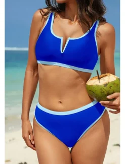 Discount Women's Swimwear Bikini 2 Piece Swimsuit Backless Patchwork Tropical Beach Wear Color Block V Neck Sleeveless Bathing Suits Women Bikinis