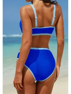 Discount Women's Swimwear Bikini 2 Piece Swimsuit Backless Patchwork Tropical Beach Wear Color Block V Neck Sleeveless Bathing Suits Women Bikinis