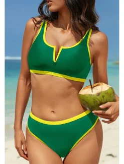 Discount Women's Swimwear Bikini 2 Piece Swimsuit Backless Patchwork Tropical Beach Wear Color Block V Neck Sleeveless Bathing Suits Women Bikinis