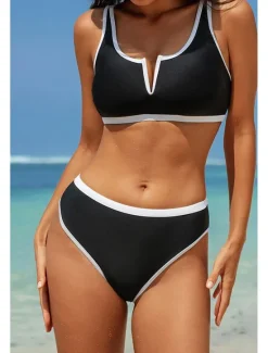 Discount Women's Swimwear Bikini 2 Piece Swimsuit Backless Patchwork Tropical Beach Wear Color Block V Neck Sleeveless Bathing Suits Women Bikinis
