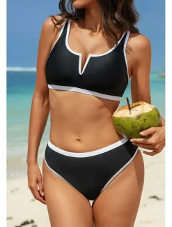 Discount Women's Swimwear Bikini 2 Piece Swimsuit Backless Patchwork Tropical Beach Wear Color Block V Neck Sleeveless Bathing Suits Women Bikinis