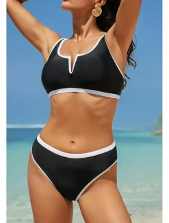 Discount Women's Swimwear Bikini 2 Piece Swimsuit Backless Patchwork Tropical Beach Wear Color Block V Neck Sleeveless Bathing Suits Women Bikinis