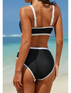 Discount Women's Swimwear Bikini 2 Piece Swimsuit Backless Patchwork Tropical Beach Wear Color Block V Neck Sleeveless Bathing Suits Women Bikinis