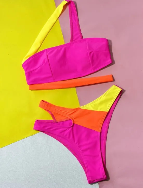 Clearance Women's Swimwear Bikini 2 Piece Cheeky Swimsuit Backless Slim Vacation Beach Wear Color Block Asymmetric Neck Sleeveless Bathing Suits Women Bikinis
