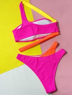Clearance Women's Swimwear Bikini 2 Piece Cheeky Swimsuit Backless Slim Vacation Beach Wear Color Block Asymmetric Neck Sleeveless Bathing Suits Women Bikinis