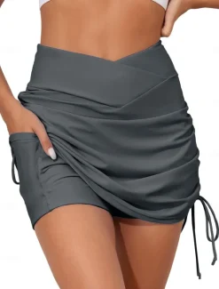Outlet Women's Swimwear Bikini Bottom Pocket Shirring Swimsuit Solid Color Elegant Fashion Bathing Suits Women Bikinis