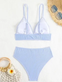 Best Women's Swimwear Bikini Cheeky Swimsuit Backless High Waist Slim Vacation Beach Wear Striped V Neck Sleeveless Bathing Suits Women Bikinis