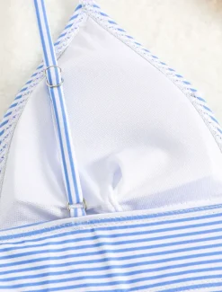 Best Women's Swimwear Bikini Cheeky Swimsuit Backless High Waist Slim Vacation Beach Wear Striped V Neck Sleeveless Bathing Suits Women Bikinis