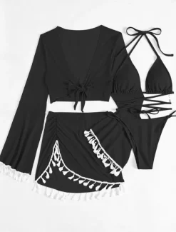 Discount Women's Swimwear Bikini Cheeky Swimsuit Backless Slim Fringe Vacation Beach Wear Solid Color Halter Neck Long Sleeve Bathing Suits Women Bikinis