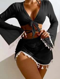 Discount Women's Swimwear Bikini Cheeky Swimsuit Backless Slim Fringe Vacation Beach Wear Solid Color Halter Neck Long Sleeve Bathing Suits Women Bikinis