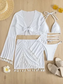 Discount Women's Swimwear Bikini Cheeky Swimsuit Backless Slim Fringe Vacation Beach Wear Solid Color Halter Neck Long Sleeve Bathing Suits Women Bikinis