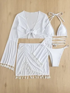 Discount Women's Swimwear Bikini Cheeky Swimsuit Backless Slim Fringe Vacation Beach Wear Solid Color Halter Neck Long Sleeve Bathing Suits Women Bikinis