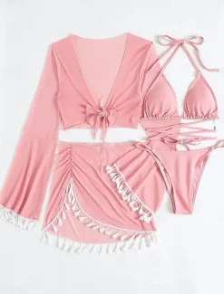 Discount Women's Swimwear Bikini Cheeky Swimsuit Backless Slim Fringe Vacation Beach Wear Solid Color Halter Neck Long Sleeve Bathing Suits Women Bikinis