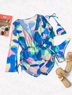 New Women's Swimwear Bikini Monokini Three Piece Cheeky Swimsuit Backless Slim Vacation Beach Wear Color Block Halter Neck Sleeveless Long Sleeve Bathing Suits Women Bikinis