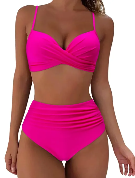 Online Women's Swimwear Bikini Shorts Swimsuit 2 Piece High Waisted Beach Wear Basic Plain Sleeveless Bathing Suits Women Bikinis