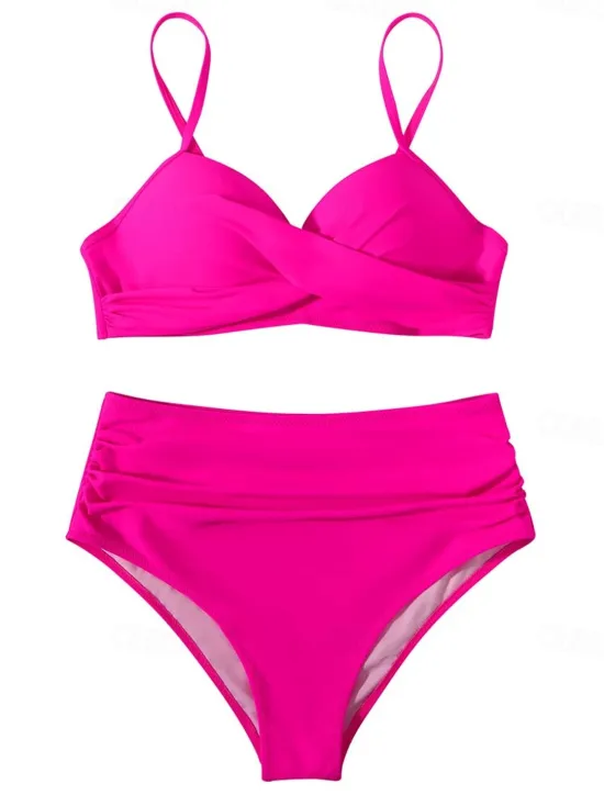 Online Women's Swimwear Bikini Shorts Swimsuit 2 Piece High Waisted Beach Wear Basic Plain Sleeveless Bathing Suits Women Bikinis