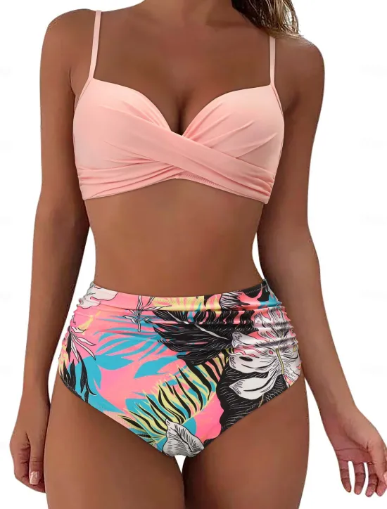 Online Women's Swimwear Bikini Shorts Swimsuit 2 Piece High Waisted Beach Wear Basic Plain Sleeveless Bathing Suits Women Bikinis