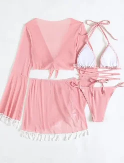 New Women's Swimwear Bikini Skirt Swimsuit Backless Slim Vacation Beach Wear Solid Color Halter Neck Sleeveless Long Sleeve Bathing Suits Women Bikinis