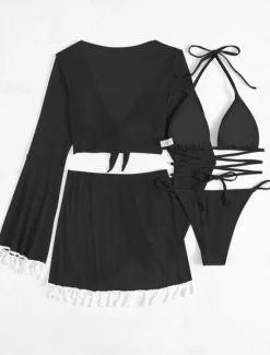 New Women's Swimwear Bikini Skirt Swimsuit Backless Slim Vacation Beach Wear Solid Color Halter Neck Sleeveless Long Sleeve Bathing Suits Women Bikinis