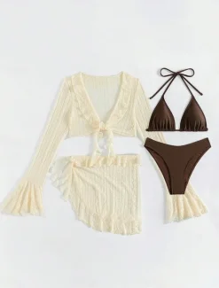 Hot Women's Swimwear Bikini Swimsuit Plunge Slim Vacation Beach Wear Solid Color V Neck Long Sleeve Bathing Suits Women Tankinis