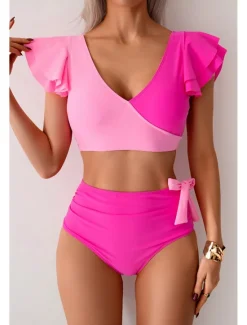 Clearance Women's Swimwear Bikini Swimsuit High Waisted Tropical Beach Wear Color Block V Wire Sleeveless Bathing Suits Women Bikinis