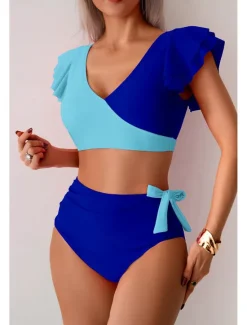 Clearance Women's Swimwear Bikini Swimsuit High Waisted Tropical Beach Wear Color Block V Wire Sleeveless Bathing Suits Women Bikinis