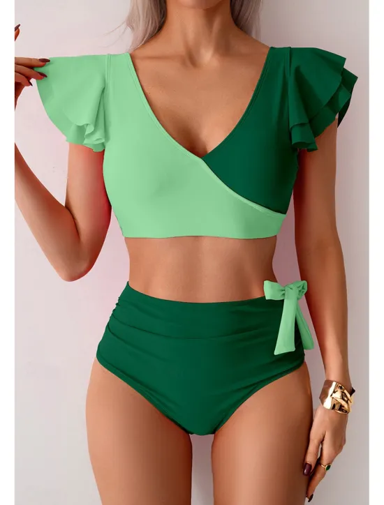 Clearance Women's Swimwear Bikini Swimsuit High Waisted Tropical Beach Wear Color Block V Wire Sleeveless Bathing Suits Women Bikinis