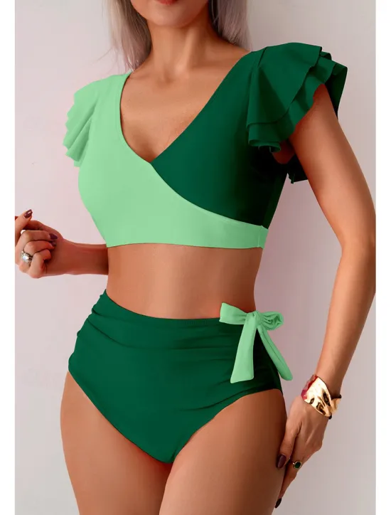 Clearance Women's Swimwear Bikini Swimsuit High Waisted Tropical Beach Wear Color Block V Wire Sleeveless Bathing Suits Women Bikinis